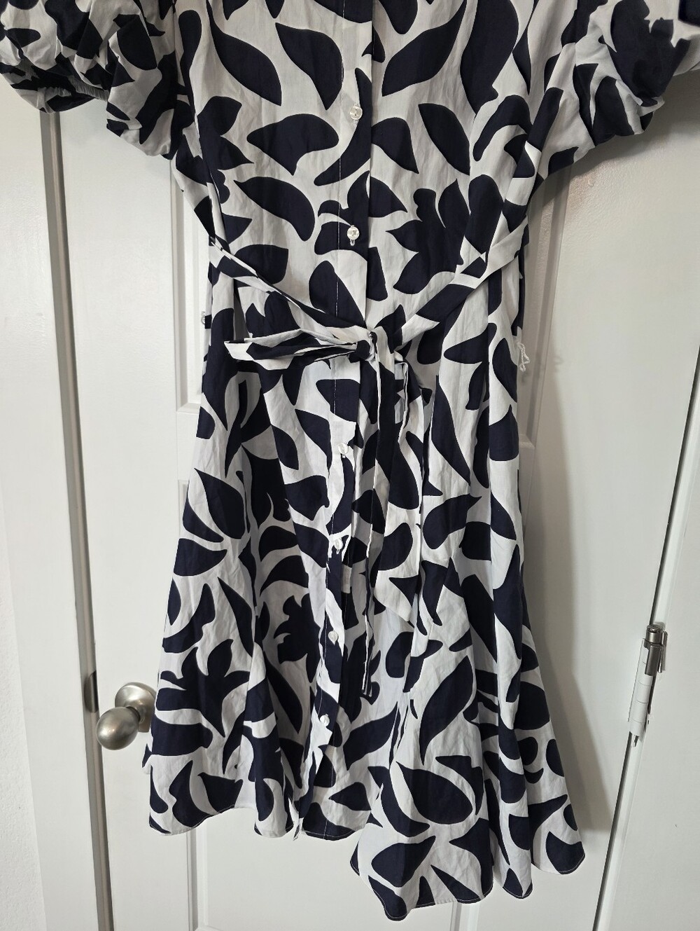 MSK Black White Abstract Print Shirt Dress XL Puff Sleeve Belted Button Front - Picture 4 of 9